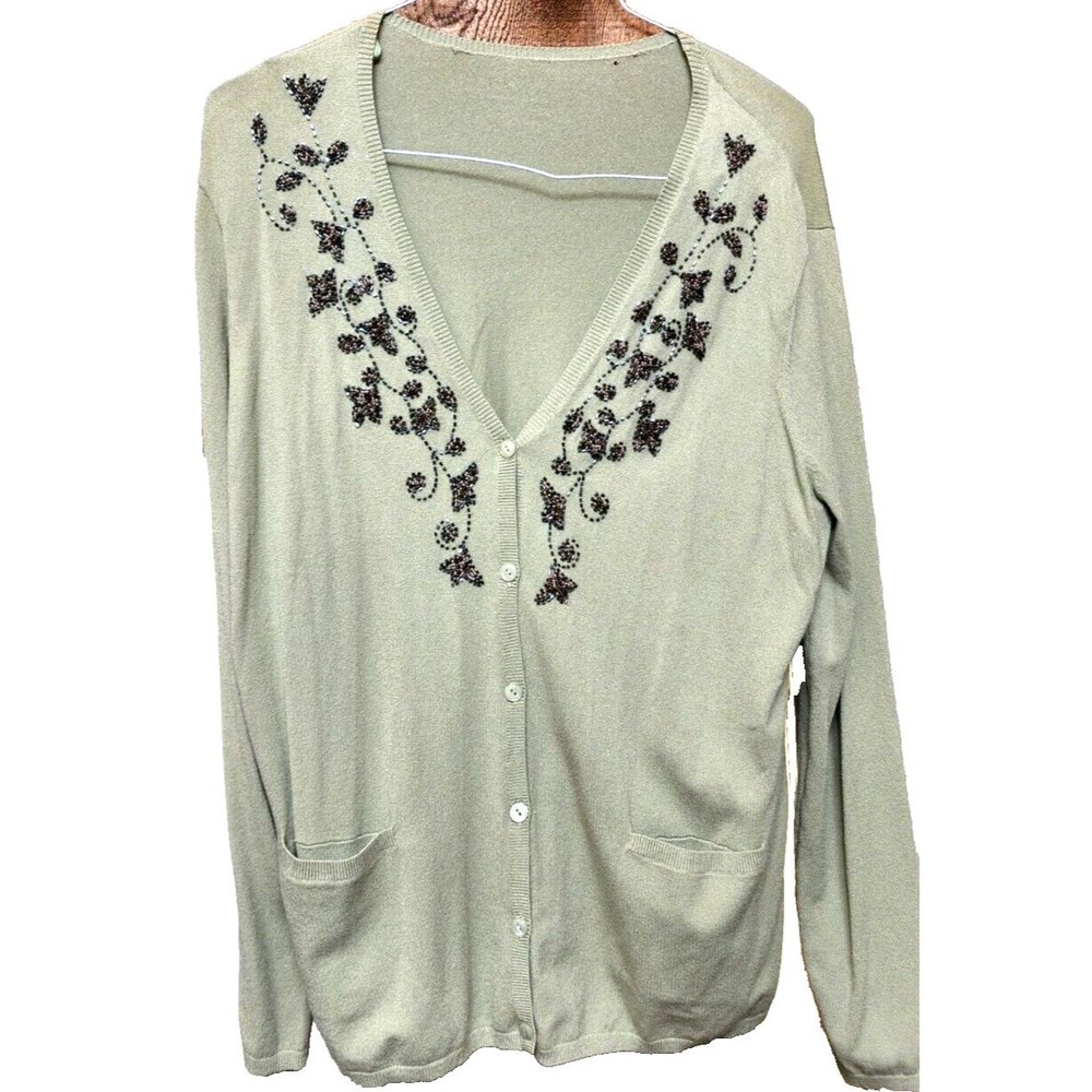 Vintage Look Embellished Green Sweater Size XL Boho Artsy Beaded Retro Feel